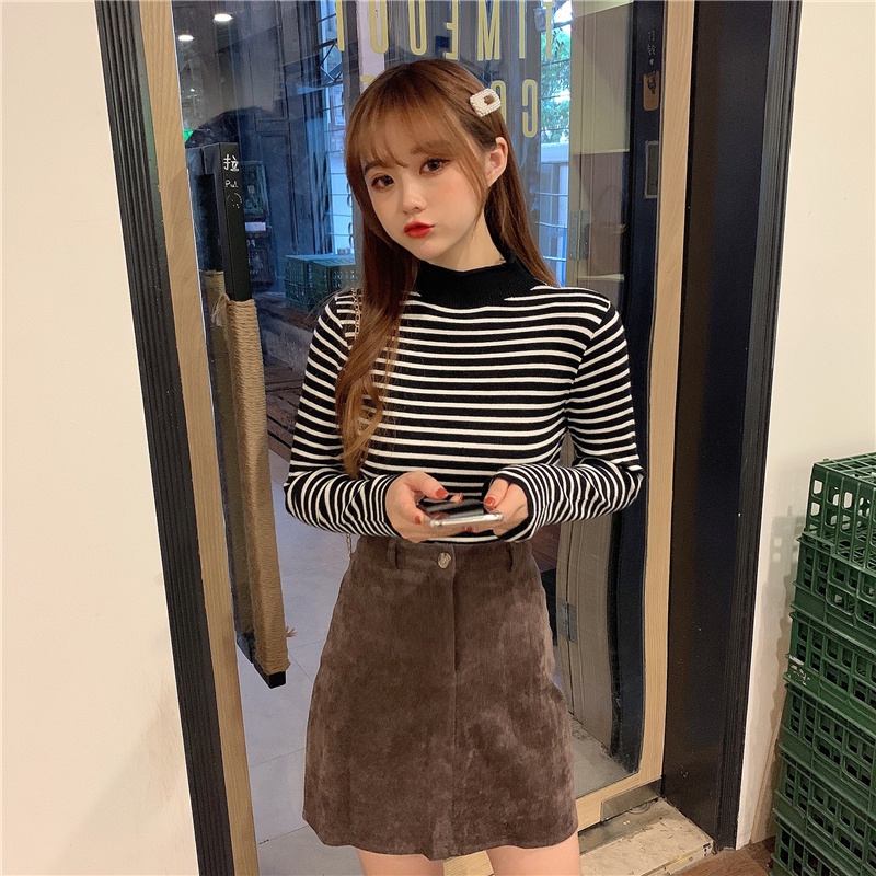 Áo dệt kim tay dài kẻ sọc ngang đơn giản phong cách Hàn Quốc