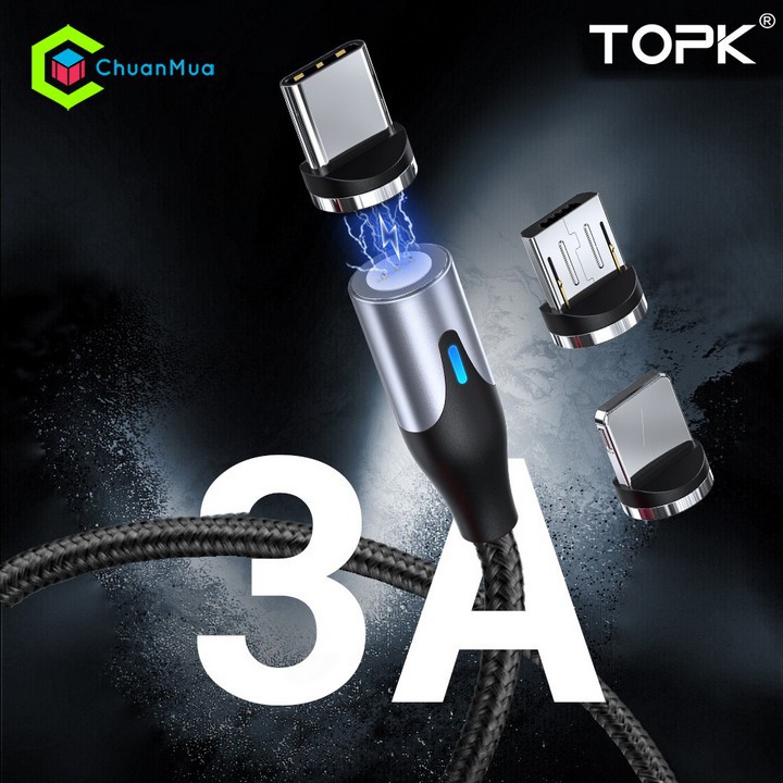Dây Cáp Sạc Nam Châm Nhanh 3A TOPK (Sạc nhanh, Sạc Từ Tính, Xoay 360, Dây sạc điện thoại