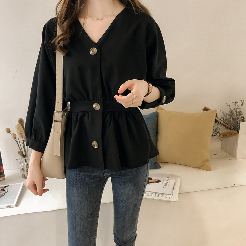 Áo kiểu tay dài cổ chữ V phối hàng nút cài màu trơn xinh xắn thời trang dành cho nữ