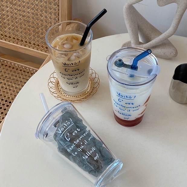 Cốc Thủy Tinh Uống Nước Kèm Ống Hút Phong Cách Pháp Lãng Mạn