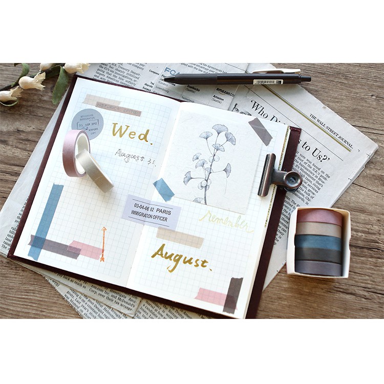 Set Washi tape băng dính pastel 5 cuộn đơn sắc X-MO trang trí sổ tay, Nhật ký, làm Bullet Journal