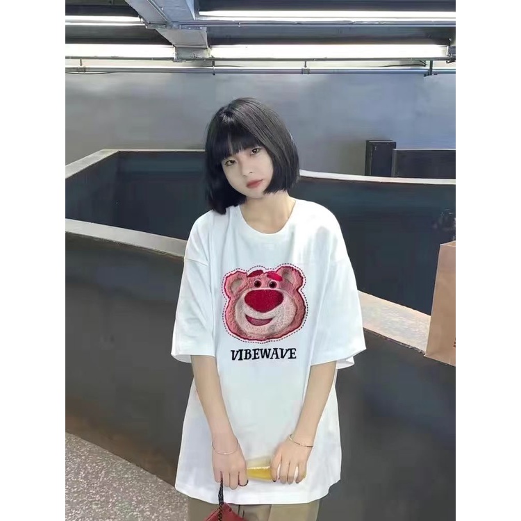 Áo Thun cotton Thêu Hình Gấu Dâu Tây Mới Mùa Hè