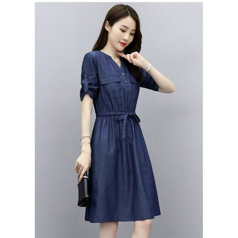 Đầm jean xòe rút eo, váy bò denim xinh xắn - DTH