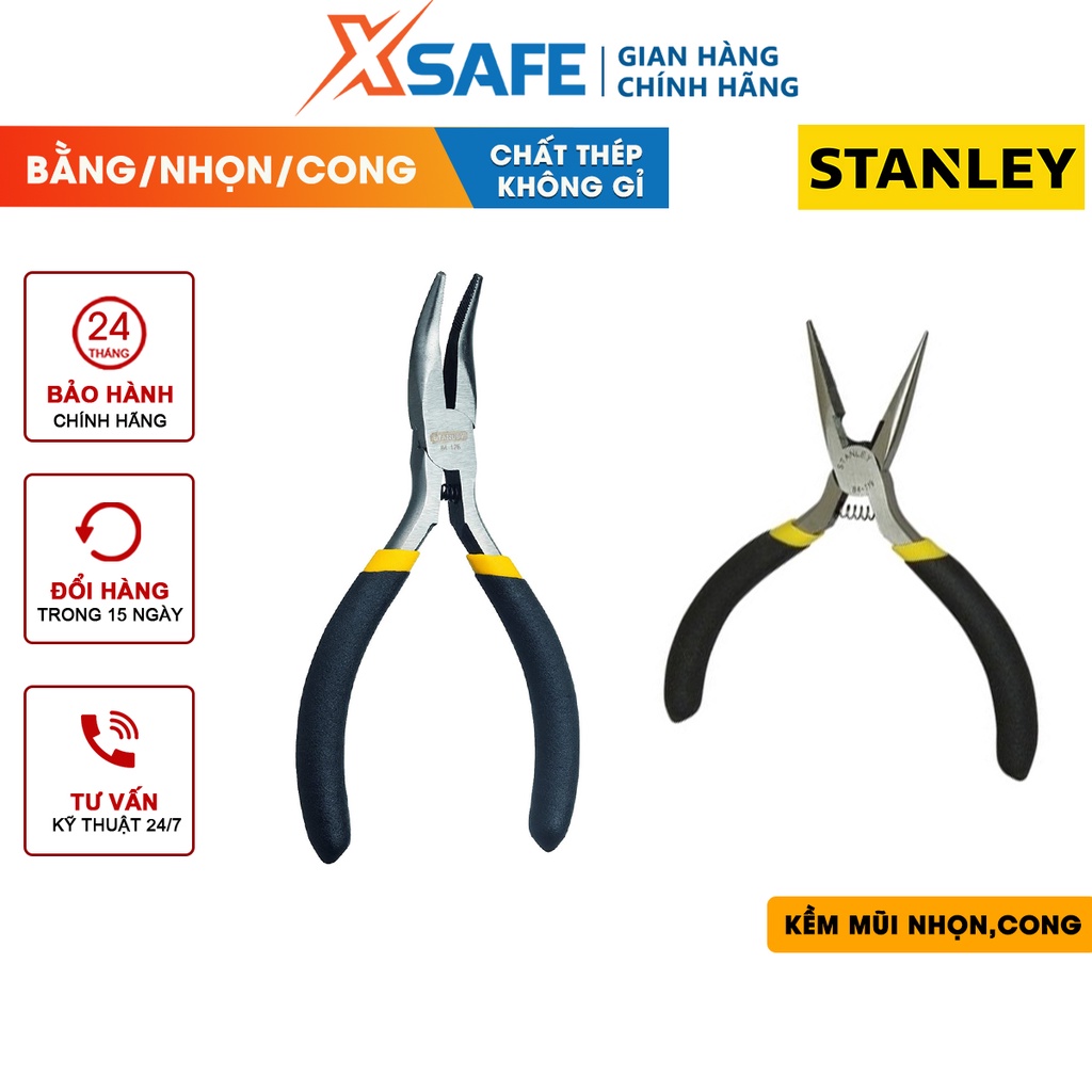 Kềm nhọn ba loại (dài, bằng, cong) STANLEY gia công thép hợp kim cứng Kìm Stanley cán cầm bọc nhựa cao su, đa chức năng