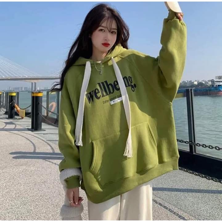Áo Hoodie nữ chữ Wellbeing Form Rộng chất nỉ cotton dây kéo bản to