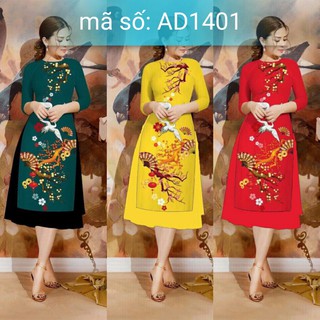Áo Dài Cách Tân cổ tròn in họa tiết chim hạt và hoa mai mùa xuân kèm váy