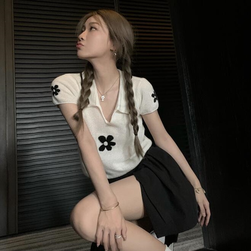 【Hana and Alice】Áo Thun POLO Dệt Kim Tay Ngắn Thiết Kế Trẻ Trung Cá Tính