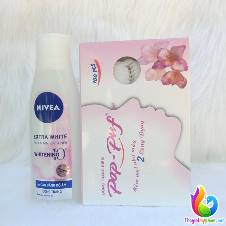 Combo Nước Hoa Hồng Nivea Dưỡng Trắng Da Và Se Khít Lỗ Chân Lông + Hộp Bông Tẩy Trang Pop - Puf 100 Miếng