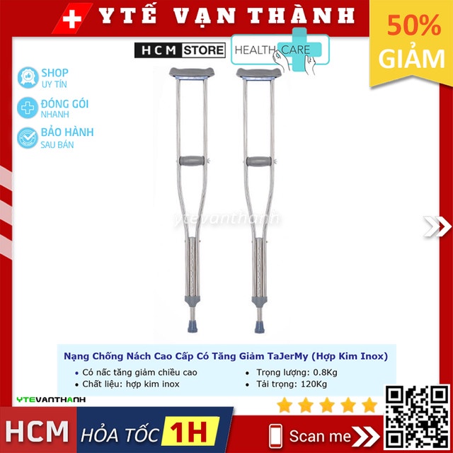 ✅ Nạng Chống Nách TaJerMy (Inox) | Cao Cấp, Tăng Giảm Chiều Cao Dễ Dàng -VT0039