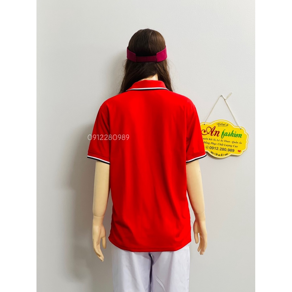 Áo thun có cổ nam nữ màu đỏ thời trang vải cá sấu mè nhẹ mát _ Hình chụp thật