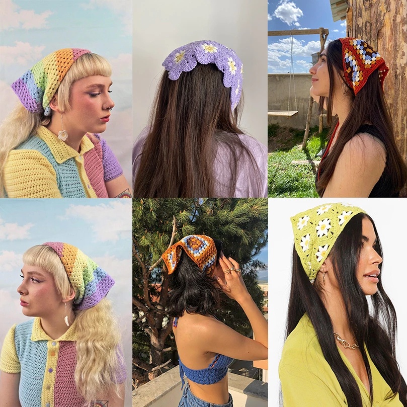 Haimeikang Băng đô hình tam giác dệt kim họa tiết hoa cúc nhỏ thời trang