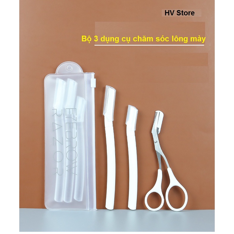 Bộ 1 kéo và 2 dao để cắt, tỉa, cạo lông mày - HV Store 017