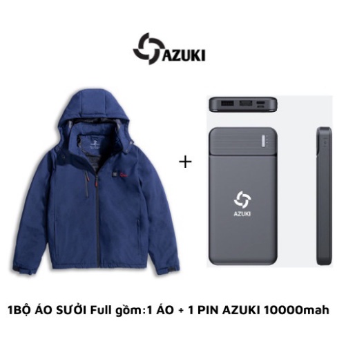 ÁO SƯỞI ẤM CHẠY BẰNG PIN AZUKI CHÍNH HÃNG [ CHỐNG MƯA TỐT, PIN 20000Mah CHẠY 12 TIẾNG, TẶNG ÁO GIỮ NHIỆT]