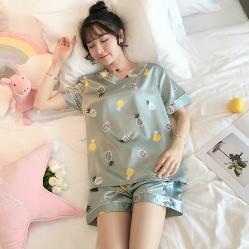 Đồ bộ nữ pijama lụa cộc tay ngủ mặc nhà cổ V cute hoạt hình họa tiết dễ thương