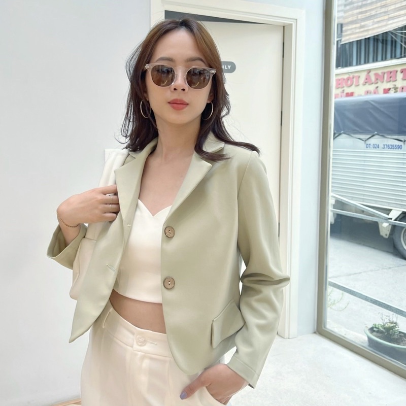 Áo khoác blazer nữ 1 lớp dáng ngắn tay dài màu xanh mint hàng thiết kế Huien Design công sở, áo vest nữ Hàn Quốc