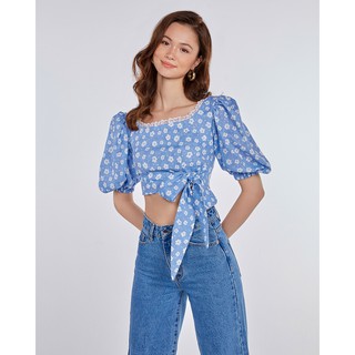 Áo croptop SheByShj thắt nơ ngay eo màu xanh dương - Mavi Top