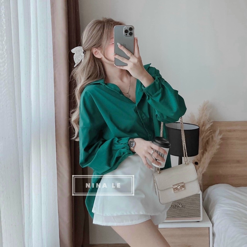 Set Áo Lụa Quần Ford Áo Kiểu Sơ Mi Lụa Màu Xanh Cực Trend Quần Trắng - Hàng Thiết Kế