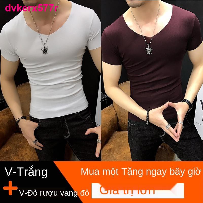 áo ngắn tay khôngáo thun nam ngắn tay liền mạch cổ chữ v ôm sát cơ thể mỏng nửa sơ mi bó cotton đen trắng tinh khiế