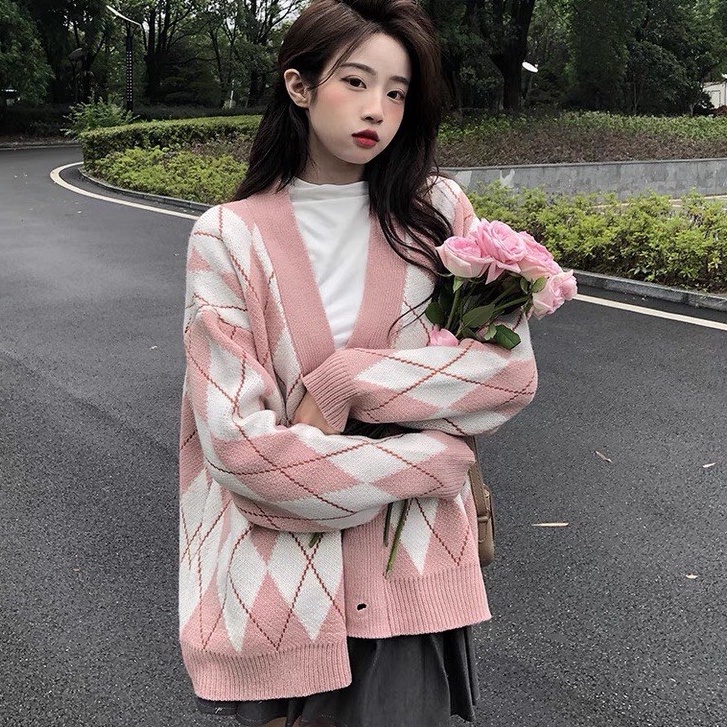 Áo khoác cardigan LOZADO áo khoác ngoài họa tiết kẻ caro Hàn Quốc dáng dài form rộng trẻ trung A519