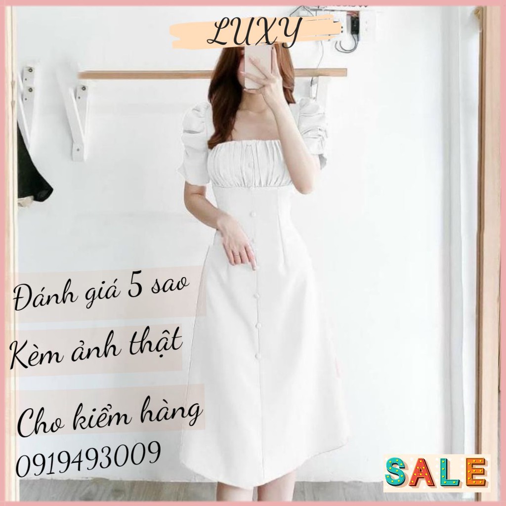 Đầm dự tiệc tay bồng xếp li ngực nút bọc Hàng thiết kế