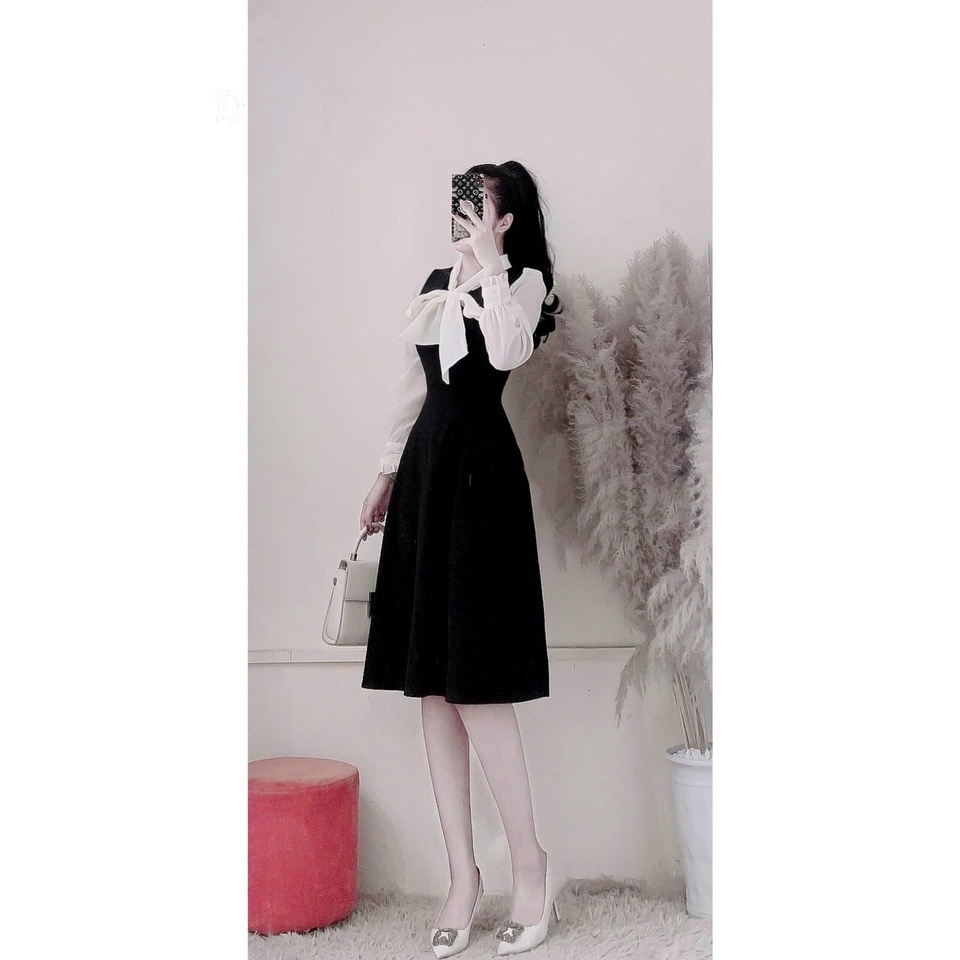 Đầm Kiểu Umi Lụa Cổ Tròn Tay Dài Ống Von Phối Cột Nơ Bự Trước Ngực Cực Xinh TTSA1581
