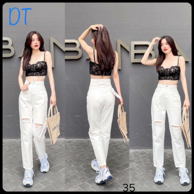 Quần jeannữ baggy rách ngang hai gối kiểu tạo nét sexy, cạp lưng cao -DT