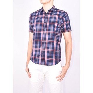 ÁO SƠ MI NAM NGẮN TAY COTTON SỌC GINGHAM XANH ĐẬM