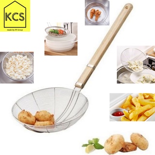 VỢT SÂU LÒNG DÙNG ĐỂ VỚT THỨC ĂN, CHẦN MỲ, LỌC CẶN TAY CẦM GỖ CÁN DÀI