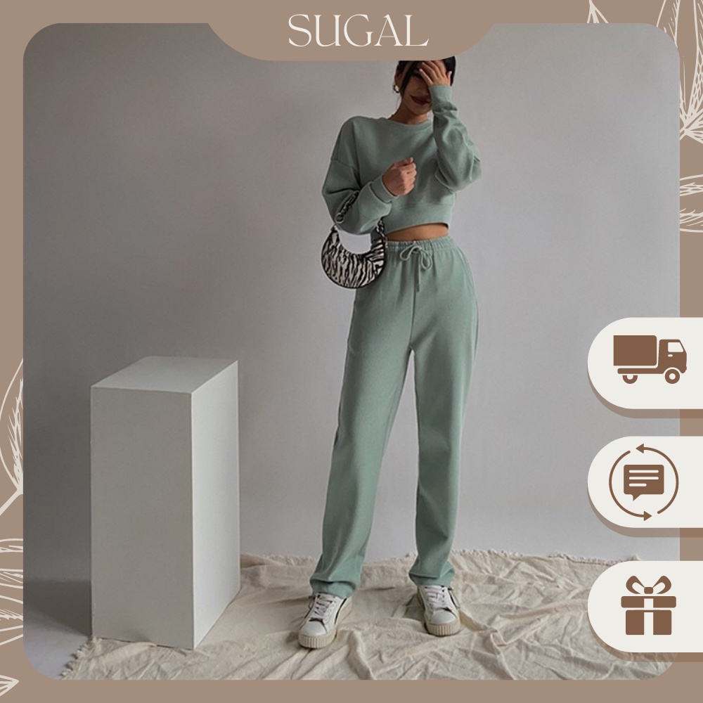 [KÈM VIDEO] Bộ Quần Áo Nữ Cổ Tròn Dài Tay Croptop Quần Dài Nỉ Tàu Cao Cấp Trơn Basic Thời Trang Sugal QA NU 017