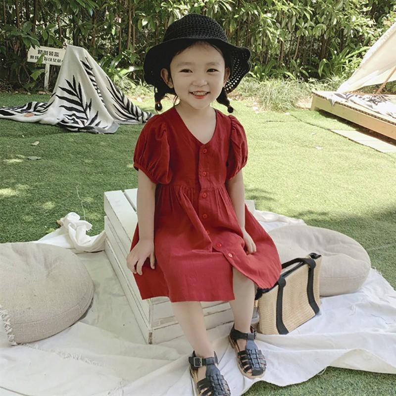 Đầm Cotton Ngắn Tay Màu Trơn Cho Bé Gái