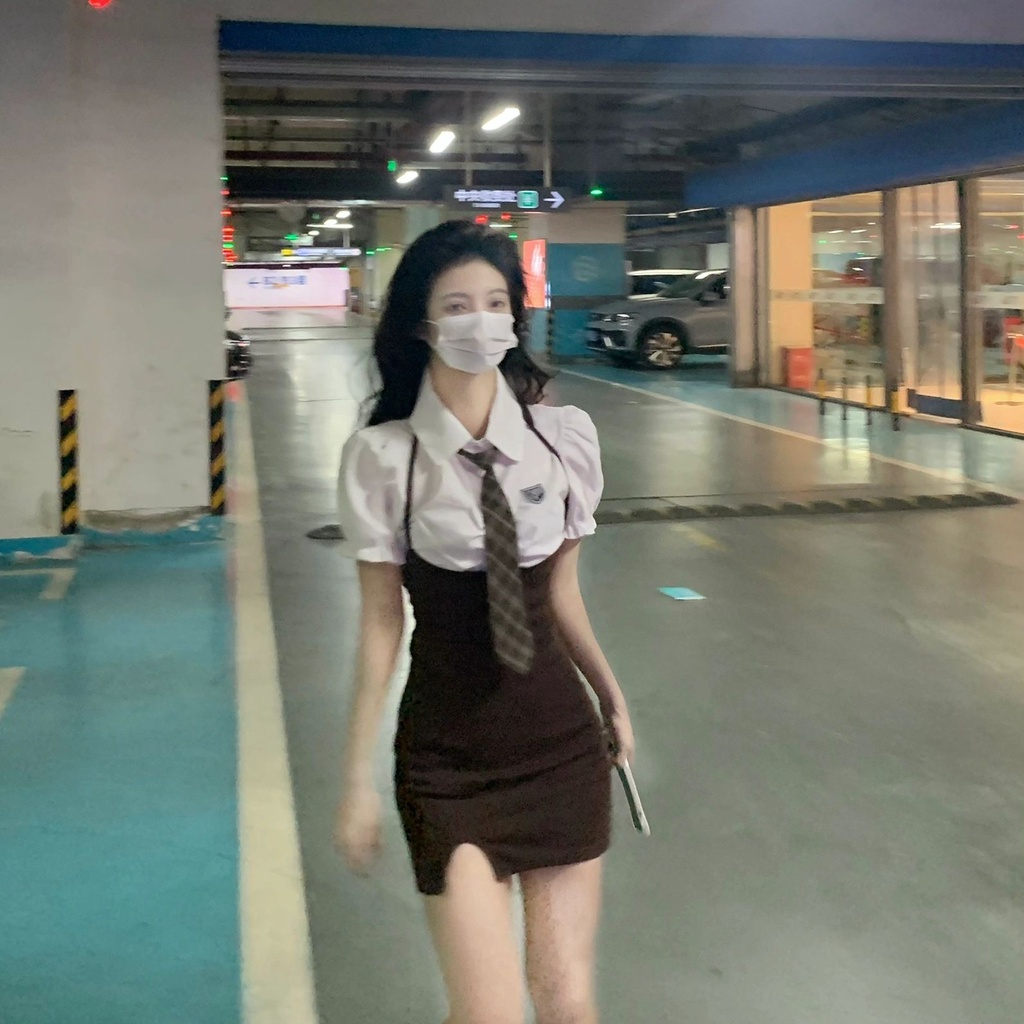 Đầm PERTY tay ngắn phồng ôm dáng phong cách Hàn Quốc thời trang mùa thu dành cho nữ