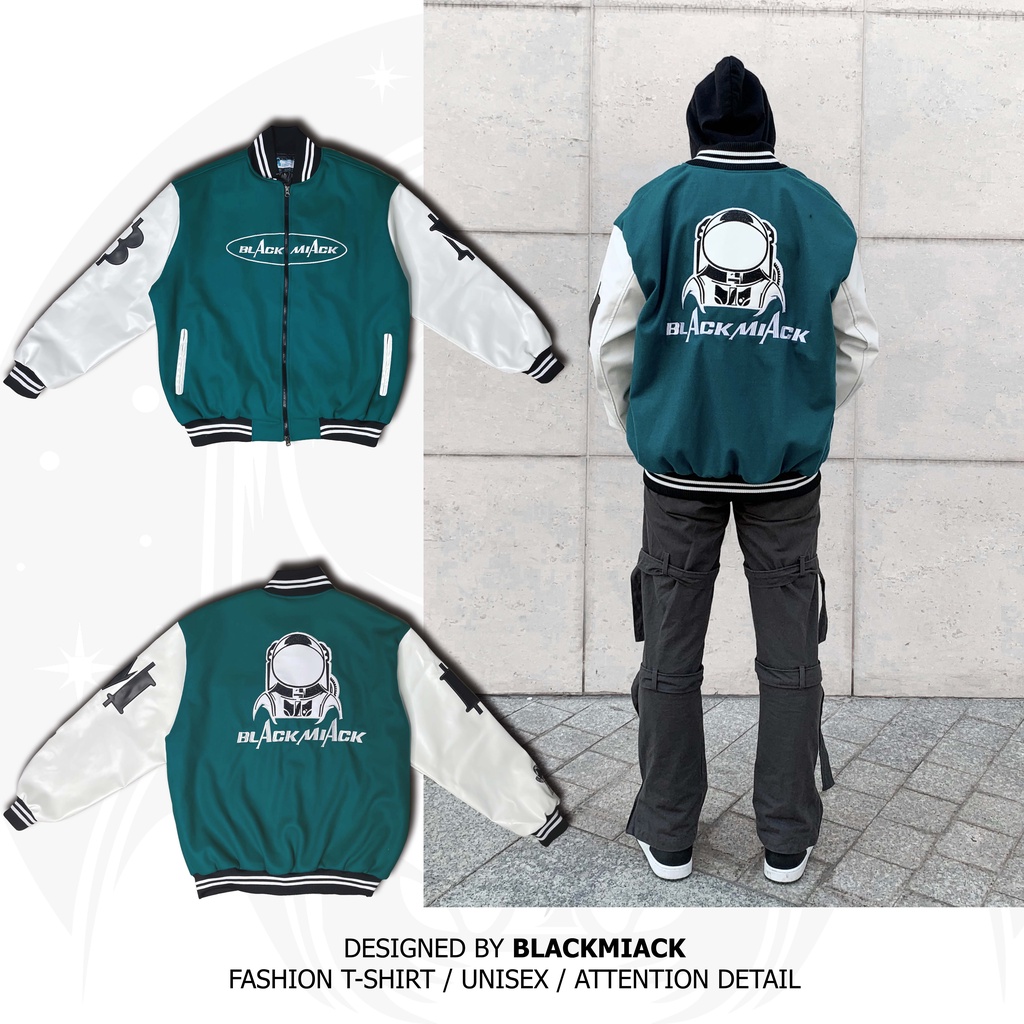 Áo Khoác Bomber Varsity Nỉ Dạ, tay Da, Full Thêu BLACKMIACK Varsity Jacket BM1