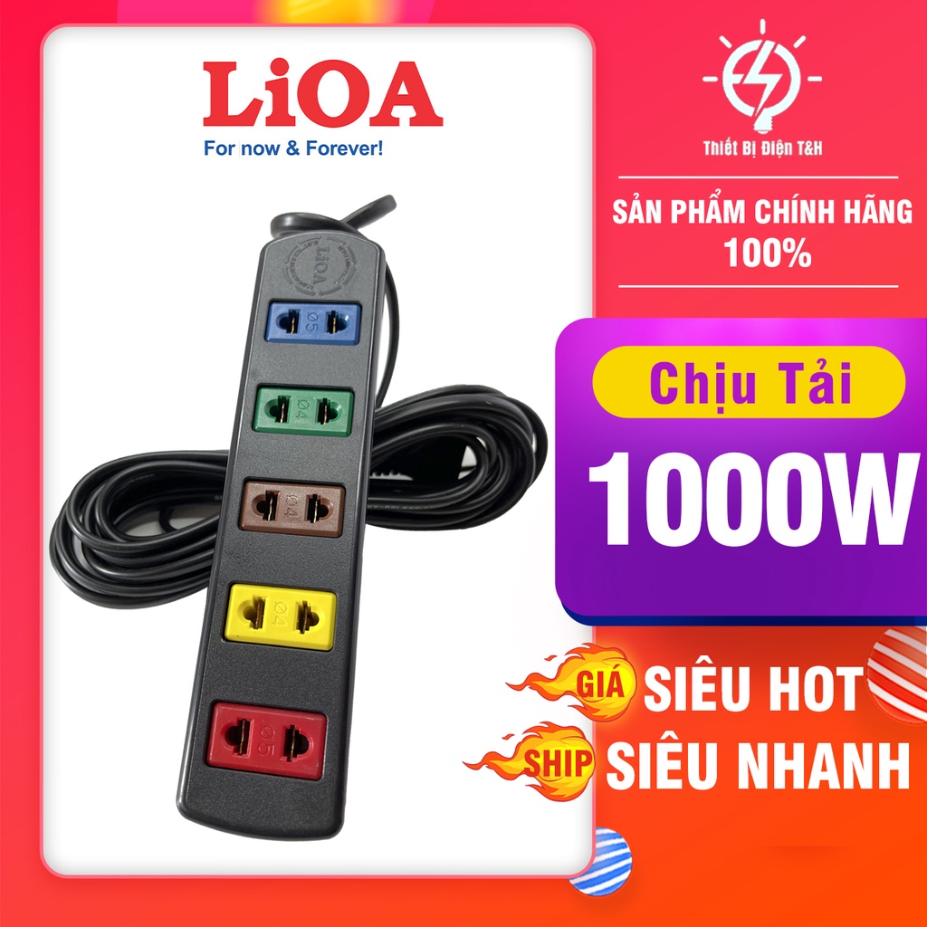 Ổ cắm điện LIOA, 5 ổ cắm, chịu tải 1000W, dây dài 3 mét, 5 mét 5TC3-2 - 5TC5-2 - Thiết Bị Điện T&amp;H