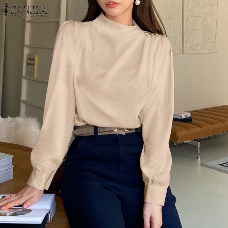 Áo sơ mi ZANZEA tay dài cổ đứng thiết kế cài nút thời trang Hàn Quốc dành cho nữ