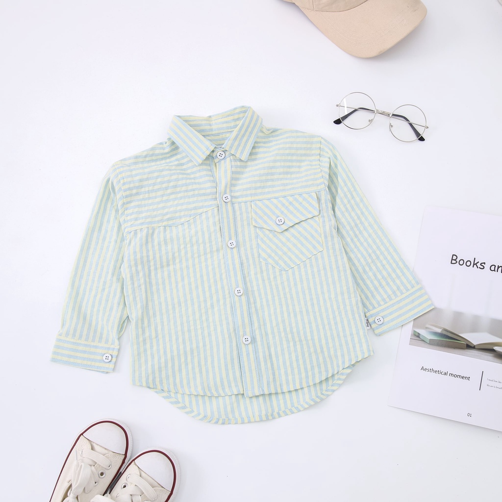 [25.6 GIẢM 40K ĐƠN 299K] Áo sơ mi bé trai ILABY kẻ dài tay túi ngực chất liệu thô cotton thoáng mát [22IB09600622]