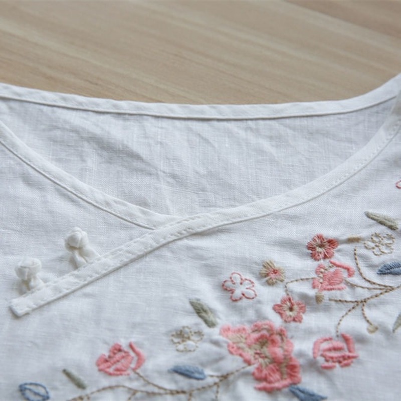 Áo Sơ Mi cotton Lanh Dáng Rộng Tay Thêu Họa Tiết Nút Đĩa Cổ Điển Mùa Hè Cho Nữ
