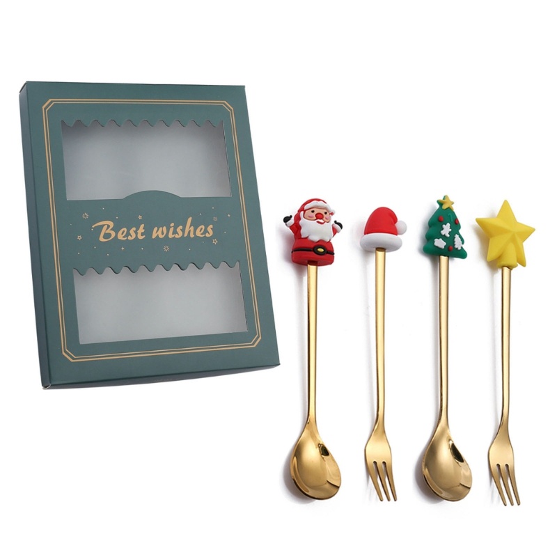 Set 4 Muỗng Nĩa Kèm Hộp Đựng Họa Tiết Giáng Sinh Dễ Thương
