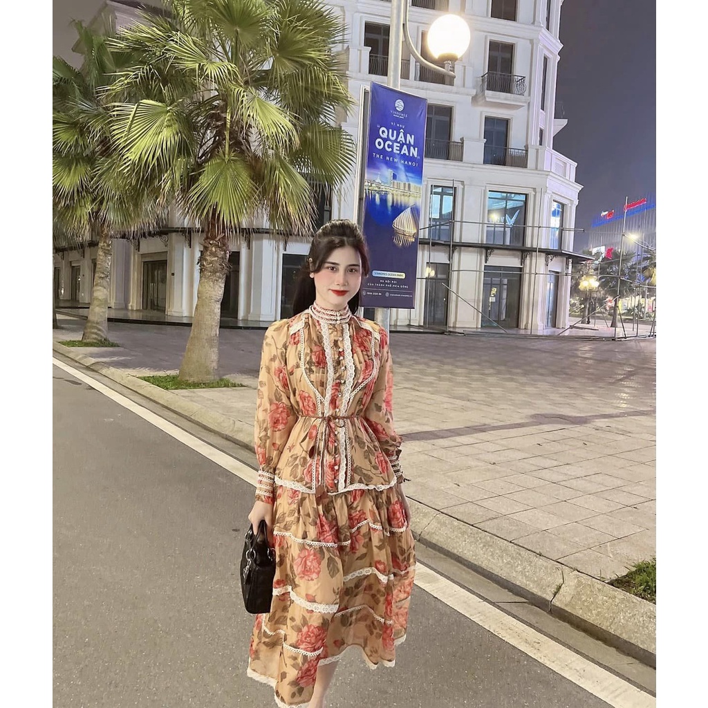 Váy Tơ Hoa Viền Ren Dài Tay siêu xinh