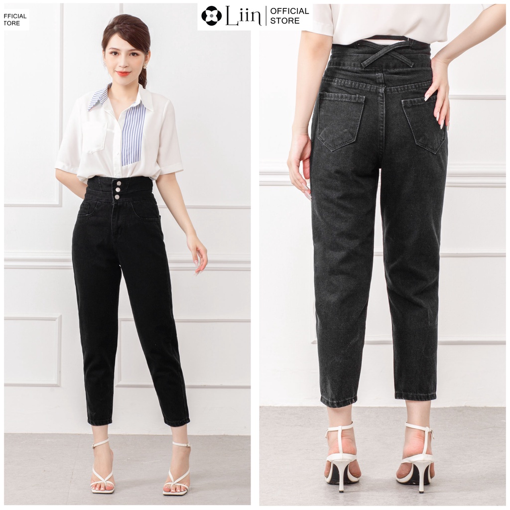 Quần Jean nữ cạp cao 3 cúc màu Đen phong cách năng động cá tính Liin Clothing Q3549