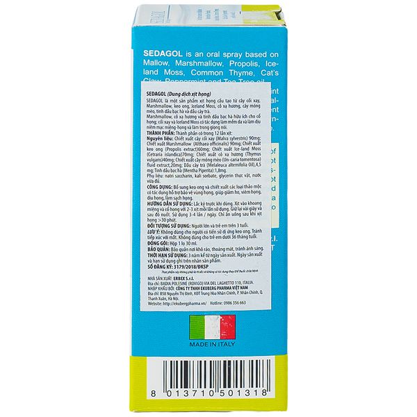Xịt Họng Giảm Ho, Sạch Họng Sedagol Oral Spray Pro-Bio keo ong đen 30ml -Giúp  bảo vệ vùng họng, giúp giảm ho, viem họng