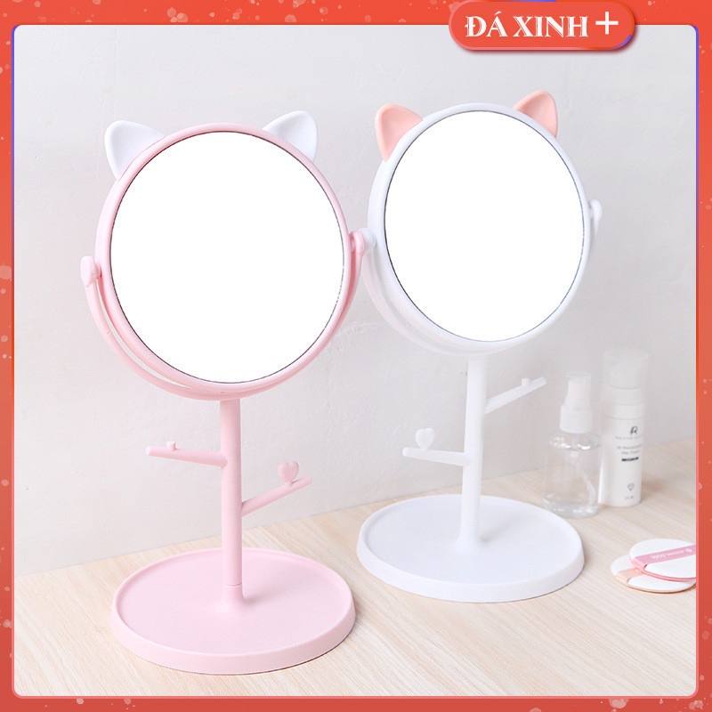 Gương Trang Điểm Để Bàn Có Móc Treo Trang Sức Mèo Siêu Cute