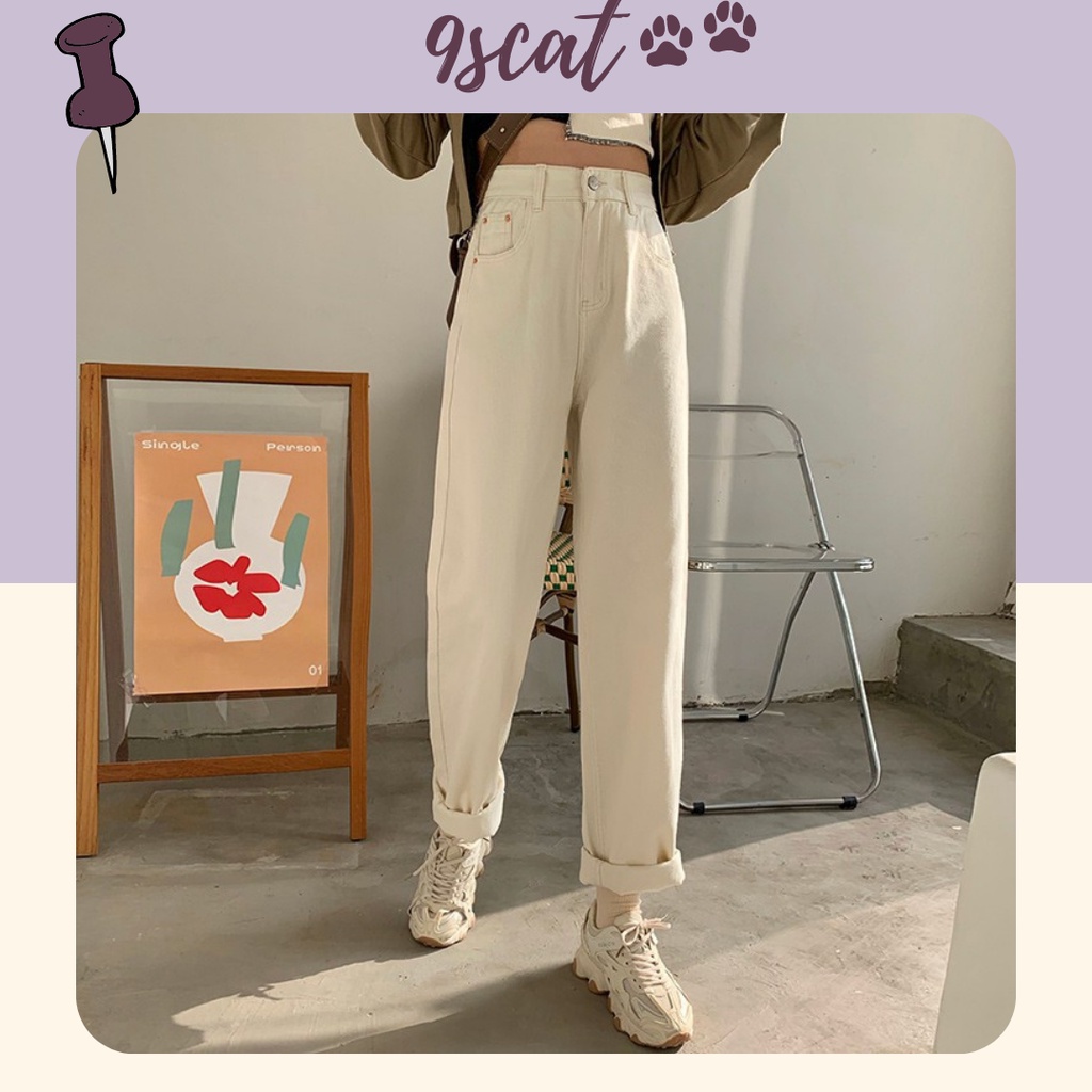 [Sẵn sz M] QA1_Quần jeans màu trắng ống suông rộng cạp cao ulzzang