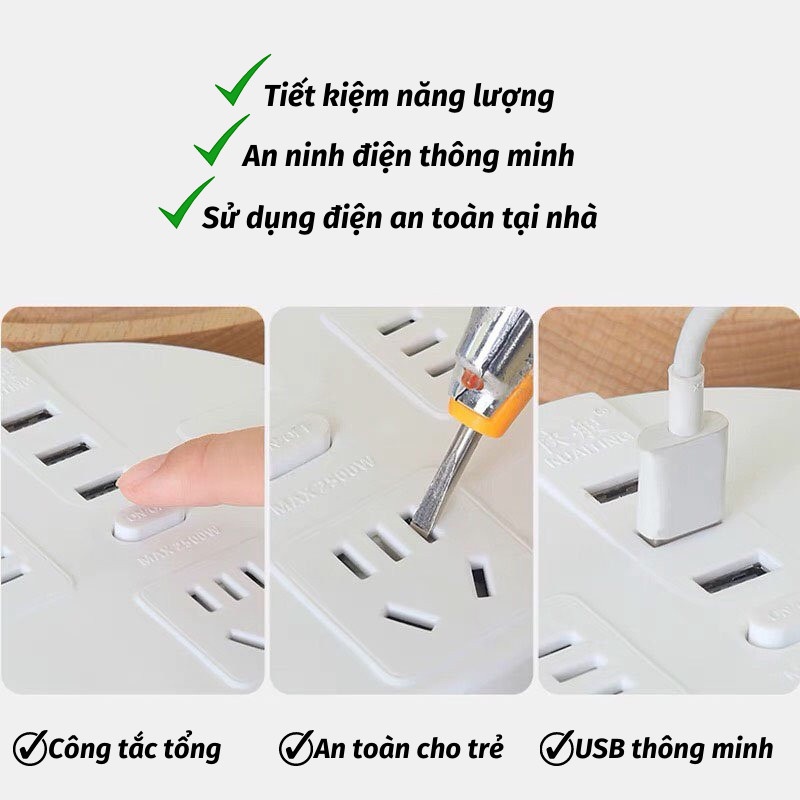 Ổ Điện Ổ Cắm Điện Đa Năng 3 Cổng USB Sạc Nhanh Vật Liệu Chống Cháy Dây Nối Dài Đèn Led Akio