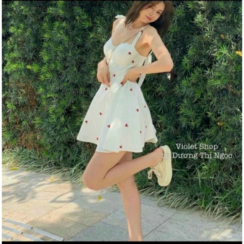 Đầm 2S họa tiết cherry nhí kèm áo khoác gân phong cách Hàn Quốc