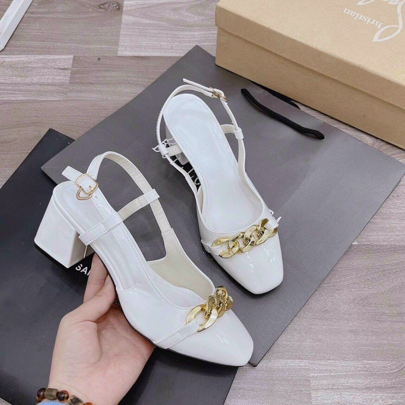 giày(ảnh,video thật)GIÀY CAO GÓT, GÓT QUAI HẬU GẮN DÂY XÍCH DA BÓNG, 5 CM SIÊU XINHhàng y như hình