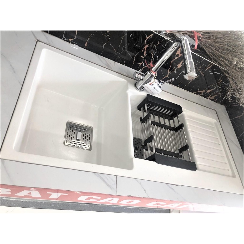 Chậu rửa chén bát bằng đá 2 hố có bàn 1000 x 480 Trắng