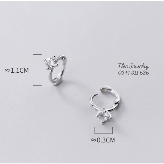Khuyên tai bạc nữ TLEE tròn chốt bấm mặt nụ đá trendy dáng đeo sát tai TleeJewelry B0232