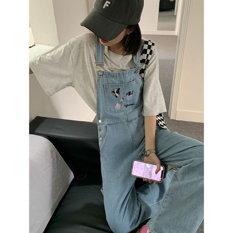 Yếm Jeans Nữ Thêu Hình Bò Sữa 🐄 Dễ Thương ❤️