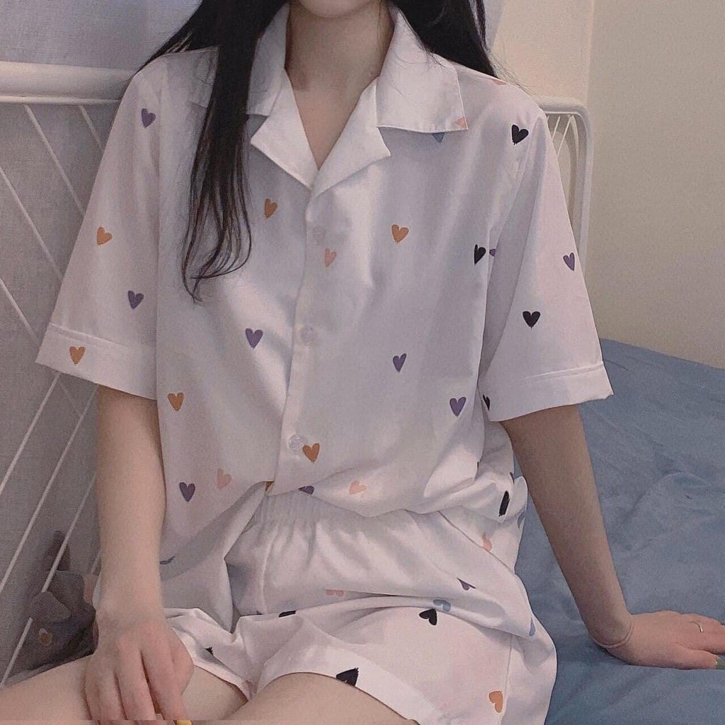 Set Bộ Ngủ Nhiều Tim Tay Lỡ Nam Nữ Unisex - Bộ ngủ pijama freesize dáng suông mặc nhà LOẠI 1 Form Rộng