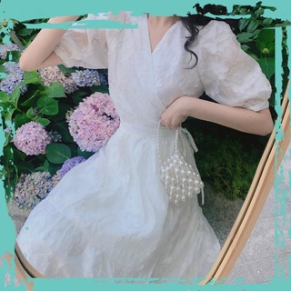 Đầm trắng hoa nổi dáng babydoll tiểu thư cực xinh, Váy trắng kỉ yếu thắt nơ eo hoa nổi